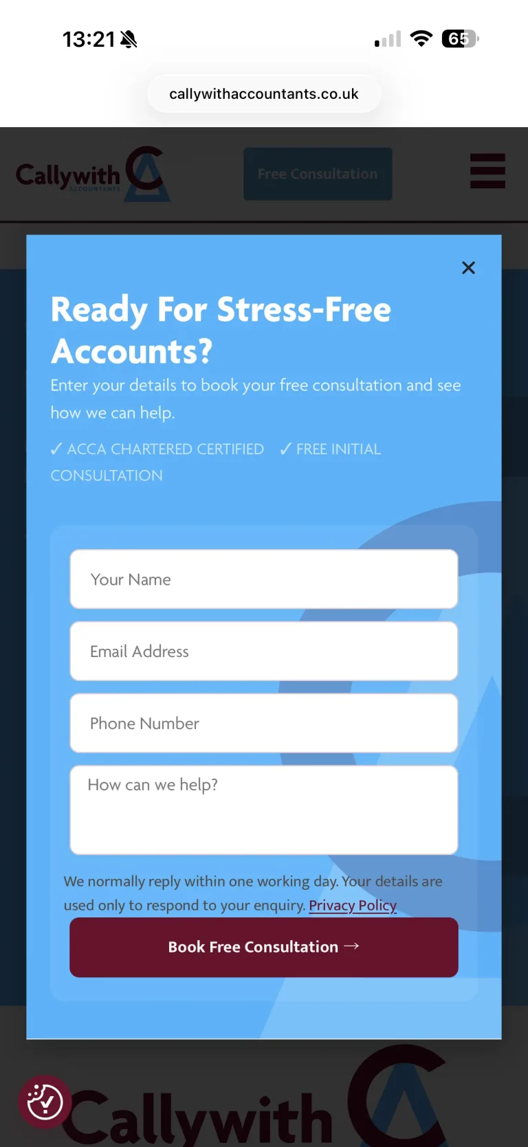 Callywith Accountants mobile website screenshot
